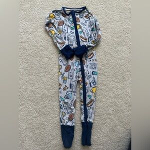 Little Sleepies Gray Football-Print Footed One-Piece with Navy Trim